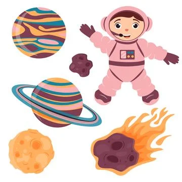 A set of illustrations with a cute astronaut, moon, meteorite and planet. Stock Illustration
