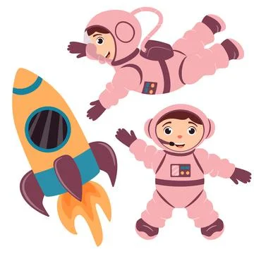A set of illustrations with cute astronauts and a rocket in a cartoon style. Stock Illustration