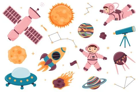 A set of illustrations with cute astronauts, spacecraft, telescope, space s.. Stock Illustration