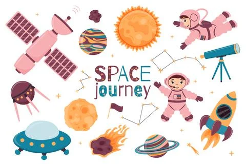 A set of illustrations with cute astronauts, spacecraft, telescope, space s.. Stock Illustration