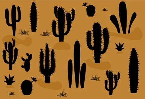 Set of illustrations of cute cactus and succulents in pots and with plants. c Stock Illustration