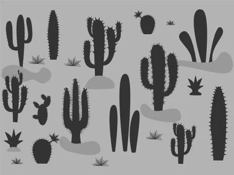 Set of illustrations of cute cactus and succulents in pots and with plants on Stock Illustration
