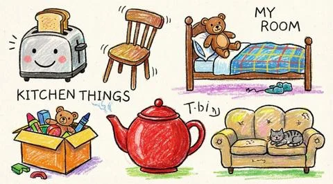 Set of illustrations depicting kitchen and room items, childhood objects Illustrazione stock