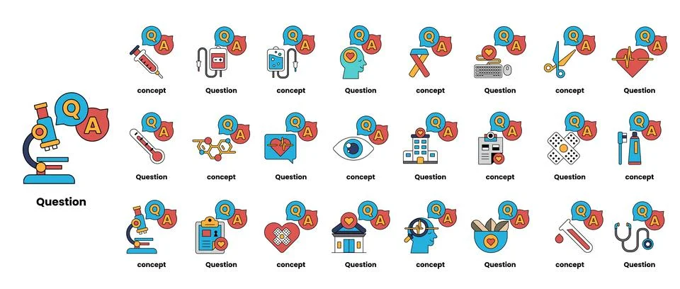 Set of illustrations depicting question marks and various objects in a line.. Illustrazione stock