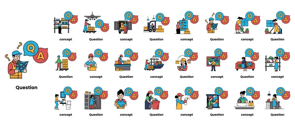 Set of illustrations depicting question marks and various objects in a line.. Stock Illustration