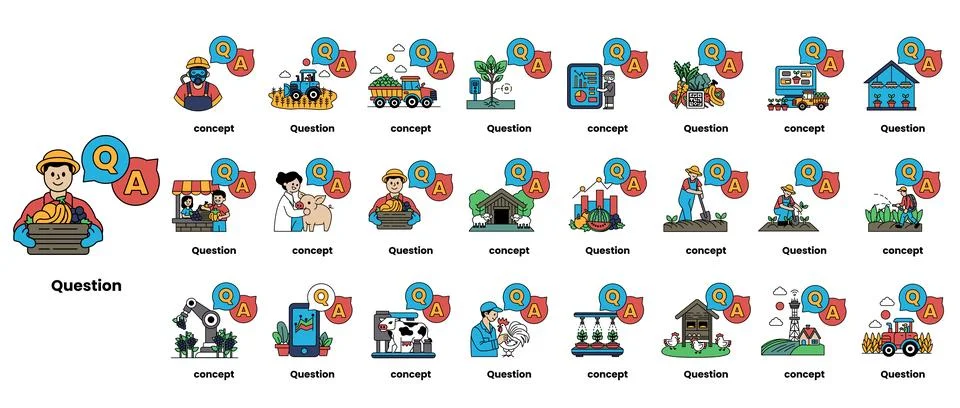 Set of illustrations depicting question marks and various objects in a line.. Stock Illustration