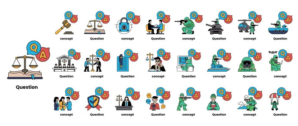 Set of illustrations depicting question marks and various objects in a line.. Stock Illustration