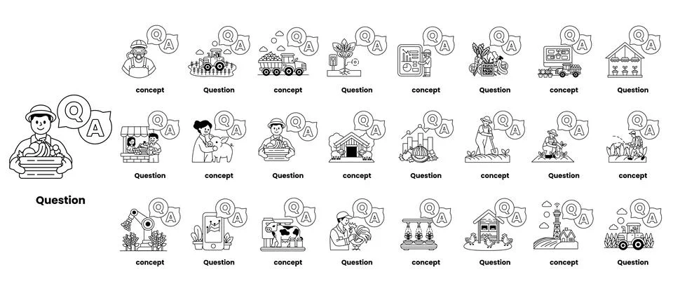 Set of illustrations depicting question marks and various objects in a line.. Stock Illustration