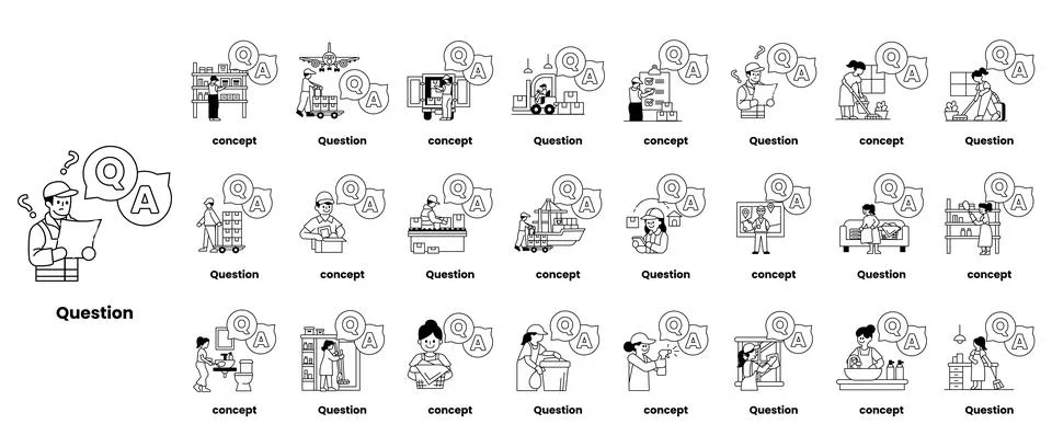 Set of illustrations depicting question marks and various objects in a line.. Stock Illustration