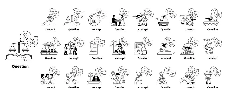 Set of illustrations depicting question marks and various objects in a line.. Illustrazione stock
