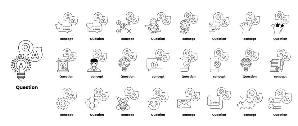 Set of illustrations depicting question marks and various objects in a line.. Stock Illustration