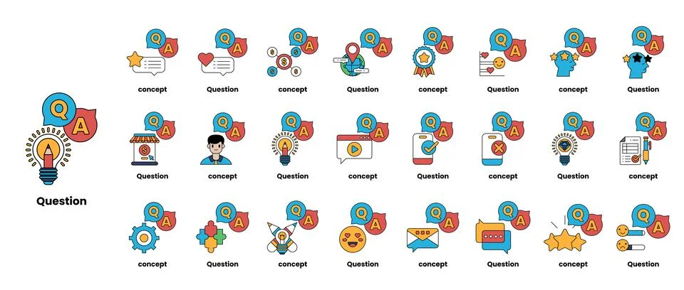 Set of illustrations depicting question marks and various objects in a line.. Stock Illustration