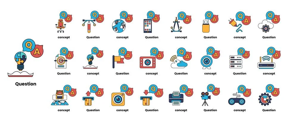 Set of illustrations depicting question marks and various objects in a line.. Stock Illustration