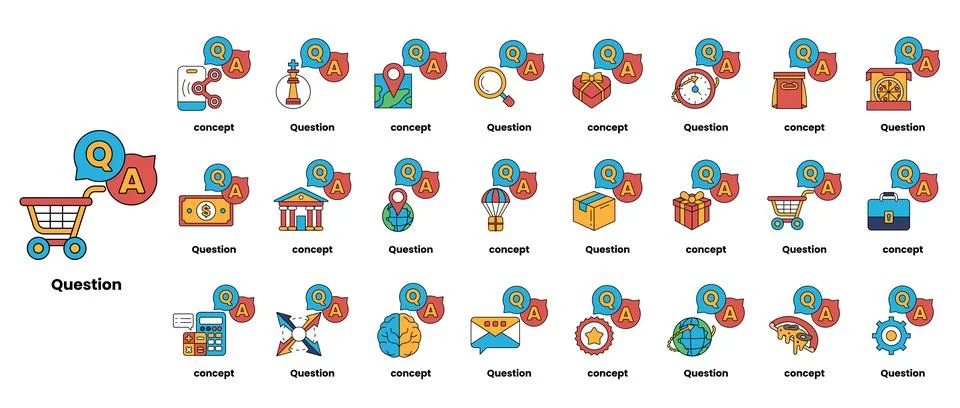 Set of illustrations depicting question marks and various objects in a line.. Stock Illustration