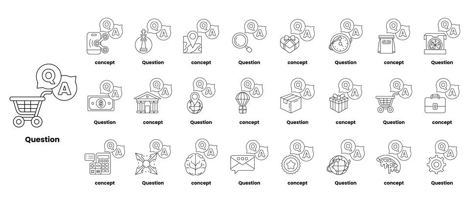 Set of illustrations depicting question marks and various objects in a line.. Stock Illustration