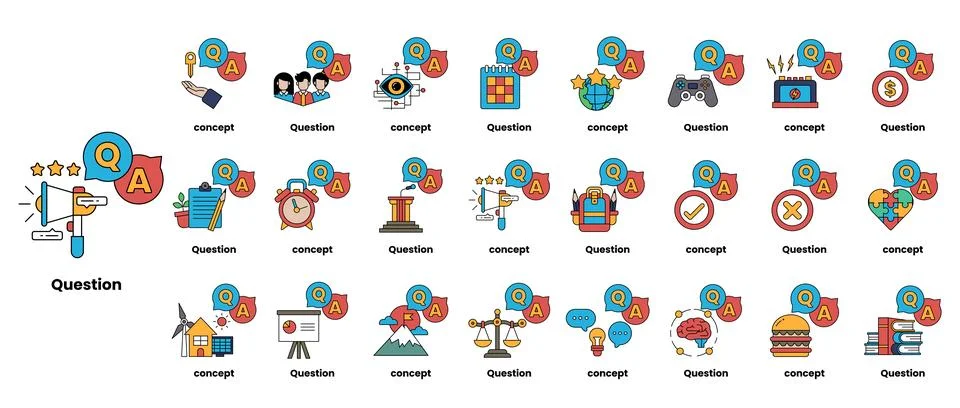 Set of illustrations depicting question marks and various objects in a line.. Stock Illustration