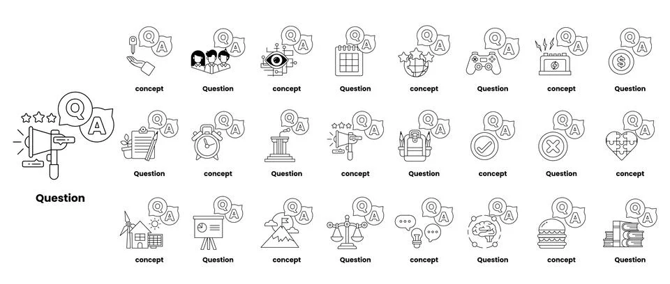 Set of illustrations depicting question marks and various objects in a line.. Stock Illustration