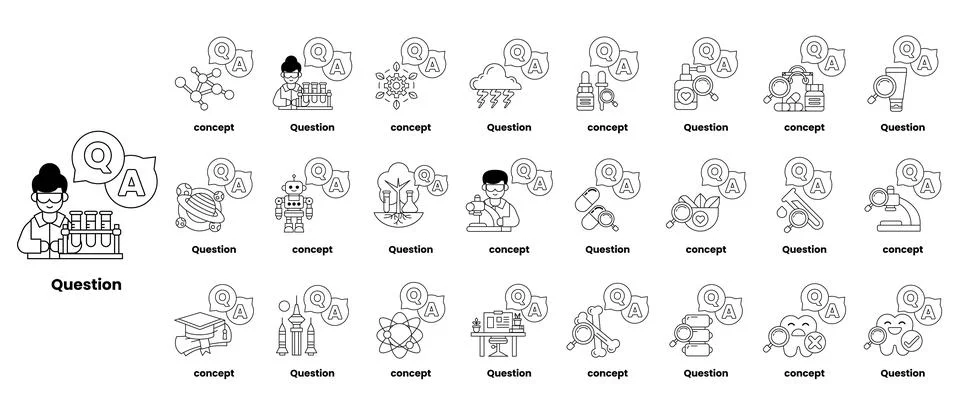 Set of illustrations depicting question marks and various objects in a line.. Stock Illustration