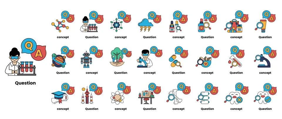 Set of illustrations depicting question marks and various objects in a line.. Stock Illustration