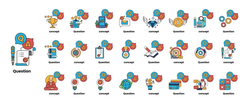Set of illustrations depicting question marks and various objects in a line.. イラスト素材