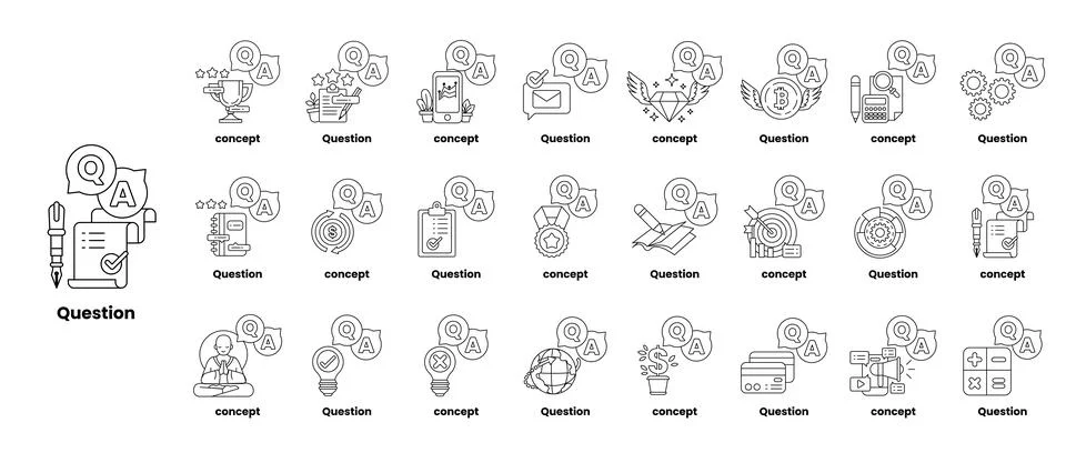 Set of illustrations depicting question marks and various objects in a line.. イラスト素材