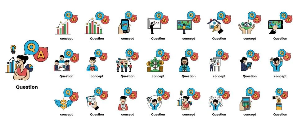 Set of illustrations depicting question marks and various objects in a line.. イラスト素材