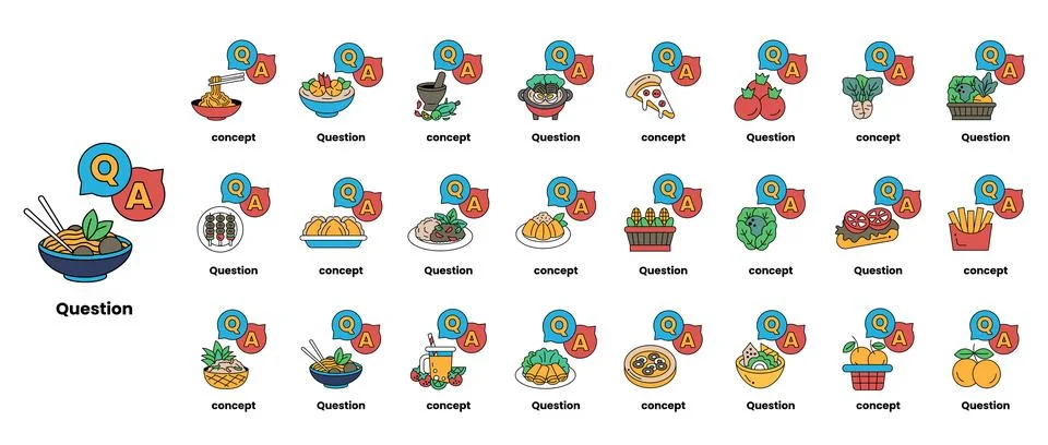 Set of illustrations depicting question marks and various objects in a line.. Stock Illustration