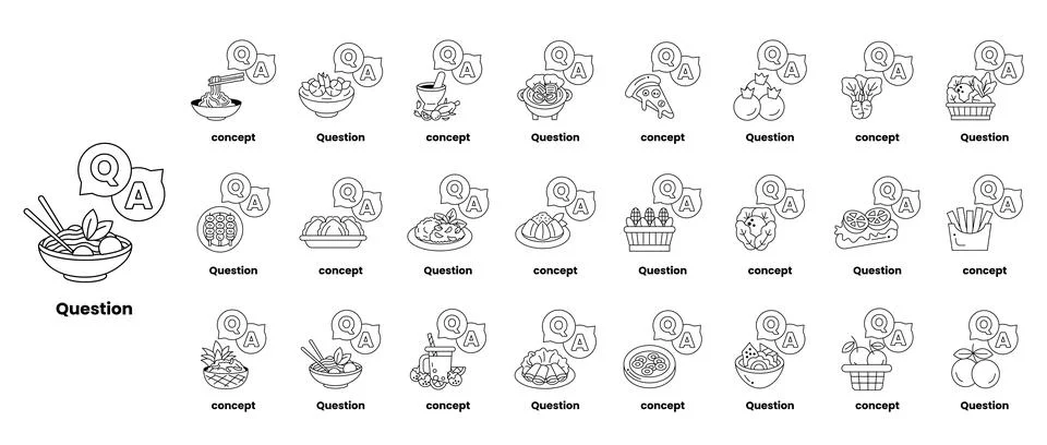 Set of illustrations depicting question marks and various objects in a line.. Stock Illustration