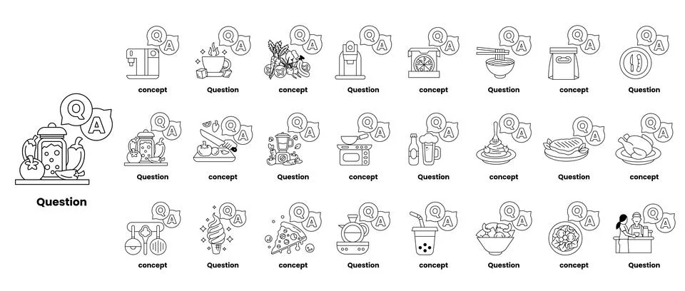Set of illustrations depicting question marks and various objects in a line.. Stock Illustration