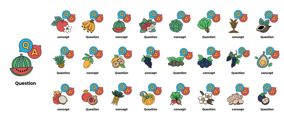 Set of illustrations depicting question marks and various objects in a line.. 스톡 일러스트