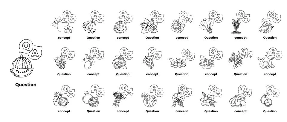 Set of illustrations depicting question marks and various objects in a line.. 스톡 일러스트