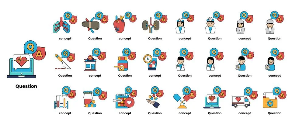 Set of illustrations depicting question marks and various objects in a line.. Stock Illustration