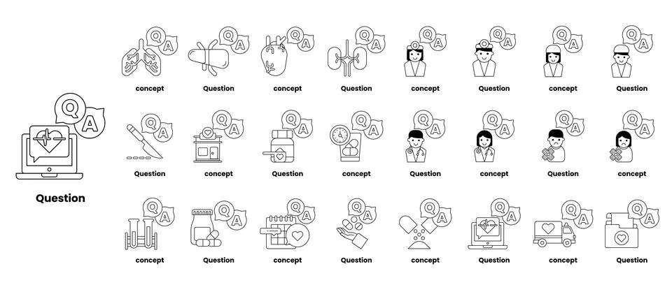 Set of illustrations depicting question marks and various objects in a line.. Stock Illustration