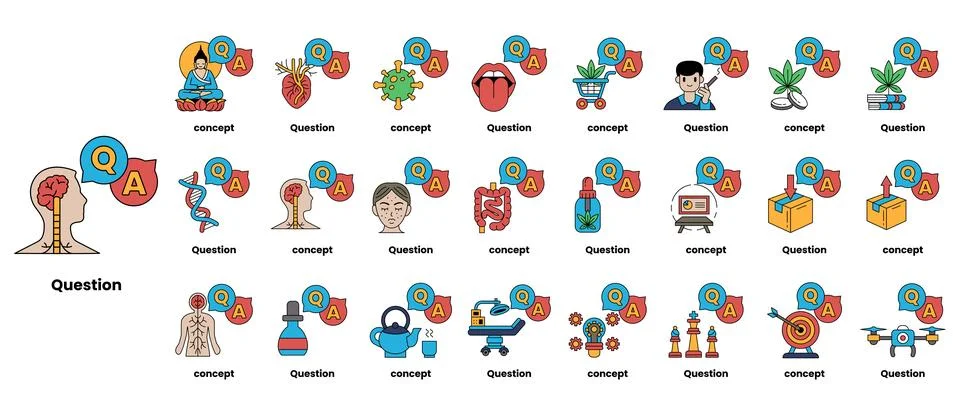 Set of illustrations depicting question marks and various objects in a line.. Stock Illustration