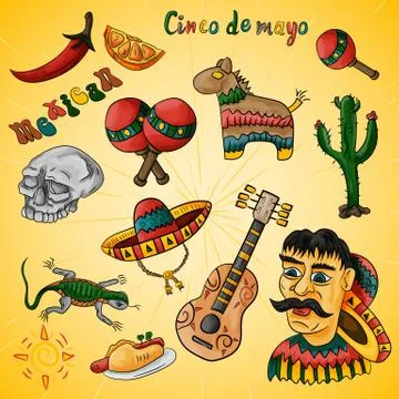 Set of illustrations of design elements on the Mexican theme of Cinco de mayo Stock Illustration