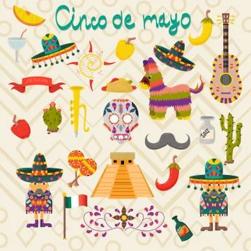Set of illustrations of design elements on the Mexican theme of Cinco de mayo Stock Illustration