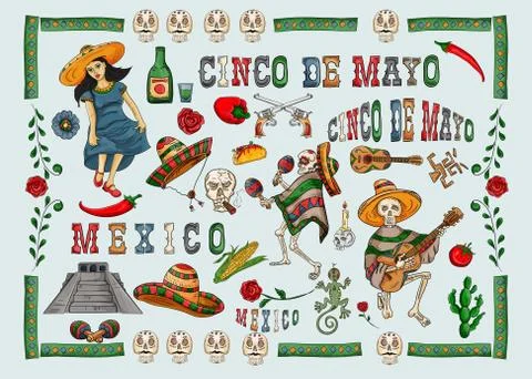 Set of illustrations for design on the Mexican theme of Cinco de mayo celebra Stock Illustration