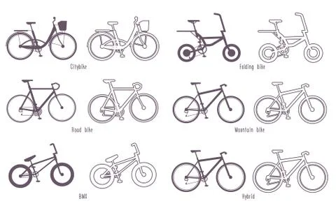 Set of illustrations different types bicycles Illustrazione stock
