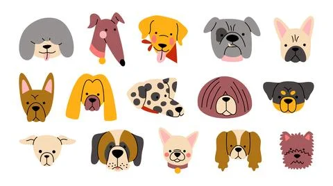 Set of illustrations of dogs faces with different breeds in cartoon linear style Stock Illustration