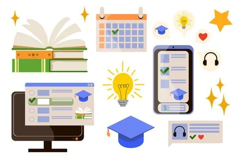 Set of illustrations: e-learning, online courses, distance learning Illustrazione stock