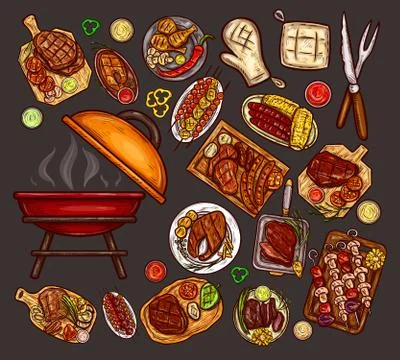 Set of illustrations, elements for barbecue Stock Illustration