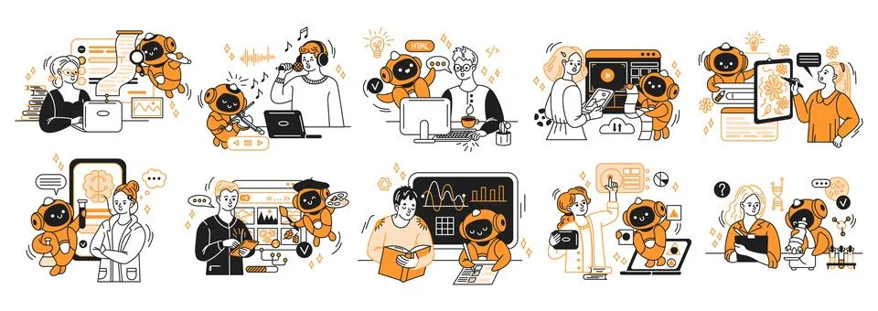 Set of Illustrations Featuring Robots and Humans Engaged Stock Illustration