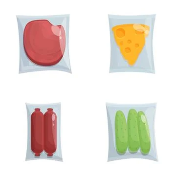 Set of illustrations featuring vacuumsealed steak, cheese, sausages, and Stock Illustration