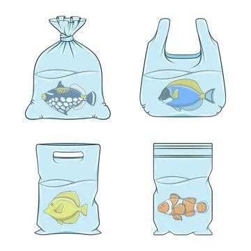Set of illustrations with fish in plastic bags. Stock Illustration