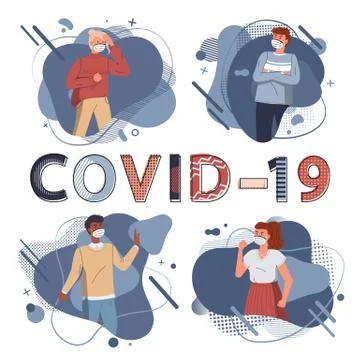Set of illustrations in flat style with mixrace people in medical mask, concept 库存插图
