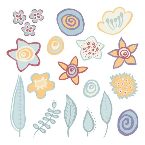 Set of illustrations of floral elements. Stock Illustration