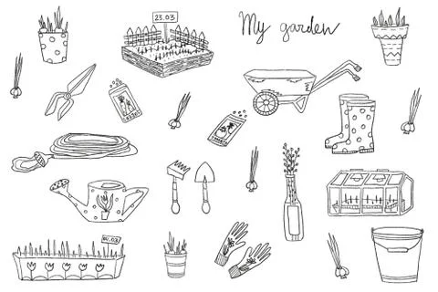 Set illustrations of garden tool kit. Hand drawn Stock Illustration