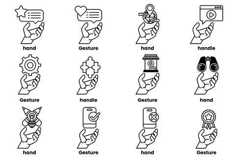 Set of illustrations of hands and things in line art style Stock Illustration