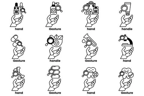 Set of illustrations of hands and things in line art style Stock Illustration