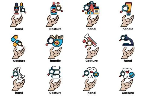Set of illustrations of hands and things in line art style Stock Illustration